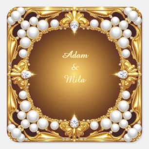 Elegant Golden Frame with Pearls Square Sticker