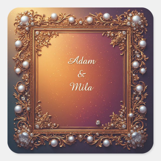 Elegant Golden Frame with Pearls Square Sticker (Front)