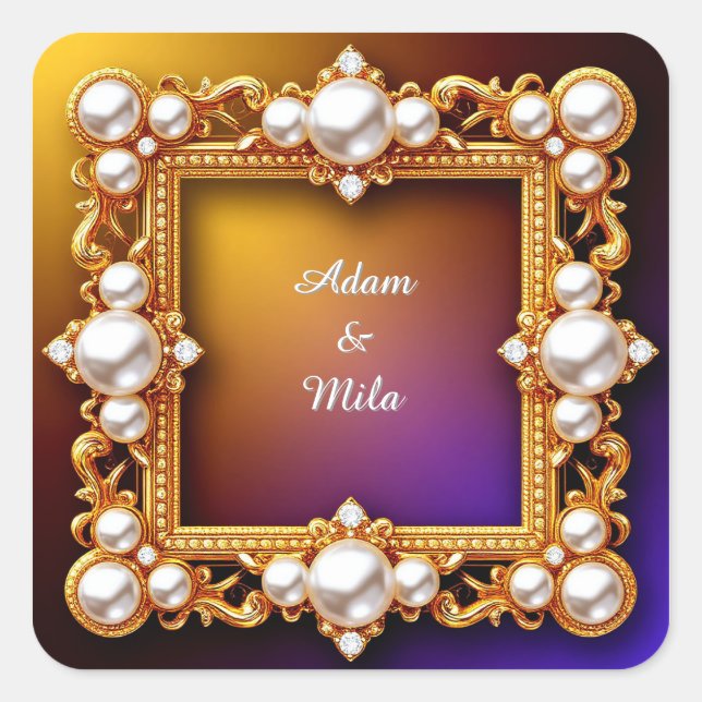 Elegant Golden Frame with Pearls Square Sticker (Front)