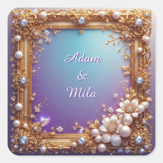 Elegant Golden Frame with Pearls Square Sticker (Front)