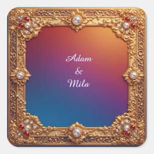 Elegant Golden Frame with Pearls Square Sticker