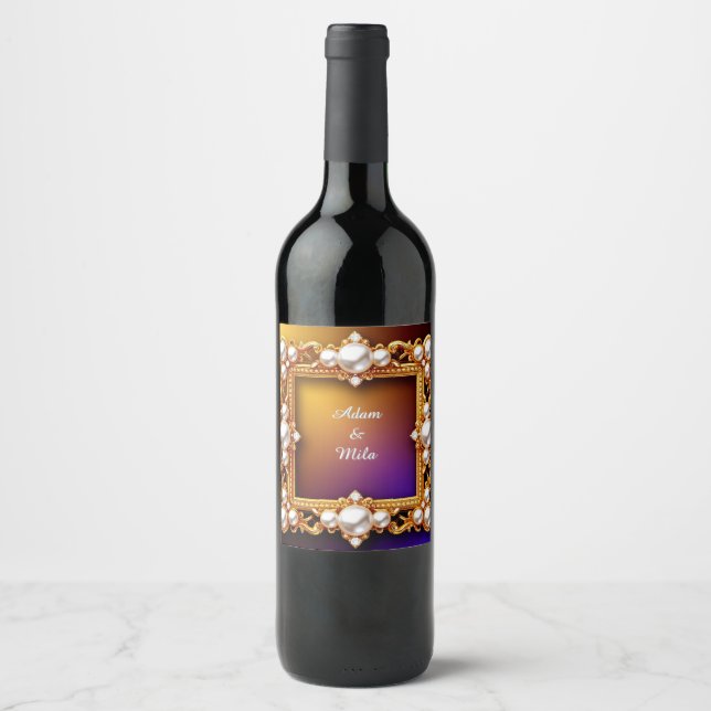 Elegant Golden Frame with Pearls Wine Label (Front)