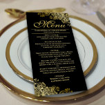 Elegant Golden Frills on Black Wedding Menu<br><div class="desc">This beautiful menu will add some style to your wedding reception. It features a beautiful design with ornate golden faux foil curls and swirls on a classic black background. There is space for the names of the couple and wedding date, and the text is fully customisable. Elegant, classy, and glam,...</div>