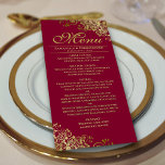 Elegant Golden Frills on Burgundy Wedding Menu<br><div class="desc">This beautiful menu will add some style to your wedding reception. It features a beautiful design with ornate golden faux foil curls and swirls on a burgundy, maroon, or wine red coloured background. There is space for the names of the couple and wedding date, and the text is fully customisable....</div>