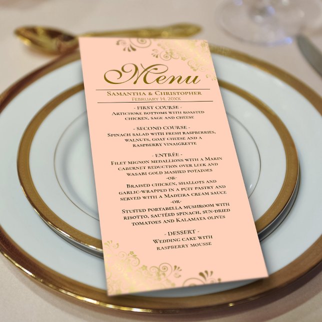 Elegant Golden Frills on Coral Peach Wedding Menu (On Plate)