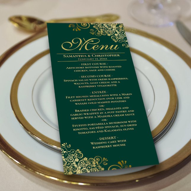 Elegant Golden Frills on Emerald Green Wedding Menu (On Plate)