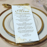Elegant Golden Frills on Light Powder Blue Wedding Menu<br><div class="desc">This beautiful menu will add some style to your wedding reception. It features a beautiful design with ornate golden faux foil curls and swirls on a pale powder blue coloured background. There is space for the names of the couple and wedding date, and the text is fully customisable. Classy, stylish,...</div>