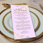 Elegant Golden Frills on Lilac Purple Wedding Menu<br><div class="desc">This beautiful menu will add some style to your wedding reception. It features a beautiful design with ornate golden faux foil curls and swirls on a pale lilac purple coloured background. There is space for the names of the couple and wedding date, and the text is fully customisable. Classy, stylish,...</div>