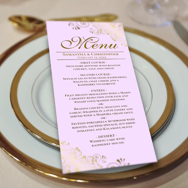 Elegant Golden Frills on Lilac Purple Wedding Menu (On Plate)