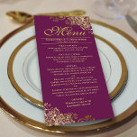Elegant Golden Frills on Magenta Plum Wedding Menu<br><div class="desc">This beautiful menu will add some style to your wedding reception. It features a beautiful design with ornate golden faux foil curls and swirls on a magenta, red plum, cassis purple, or berry coloured background. There is space for the names of the couple and wedding date, and the text is...</div>