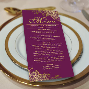 Elegant Golden Frills on Magenta Plum Wedding Menu