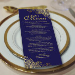 Elegant Golden Frills on Navy Blue Wedding Menu<br><div class="desc">This beautiful menu will add some style to your wedding reception. It features a beautiful design with ornate golden faux foil curls and swirls on a navy blue background. There is space for the names of the couple and wedding date, and the text is fully customisable. Elegant, classy, and glam,...</div>