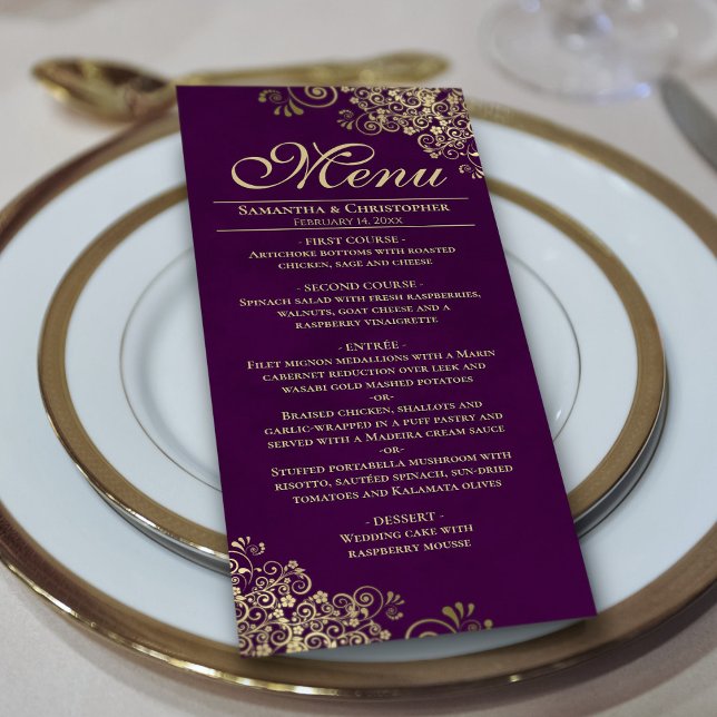 Elegant Golden Frills on Plum Purple Wedding Menu (On Plate)