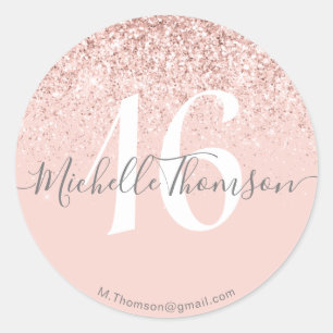Elegant Golden Glitter Monogram Sweet Pink 16 Classic Round Sticker