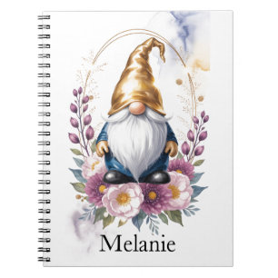 Elegant Golden Gnome in Floral Bouquet Notebook