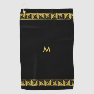 Elegant Golden Greek Pattern and Monogram on Black Golf Towel