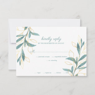 Elegant Golden Green Watercolor Floral Wedding RSVP Card