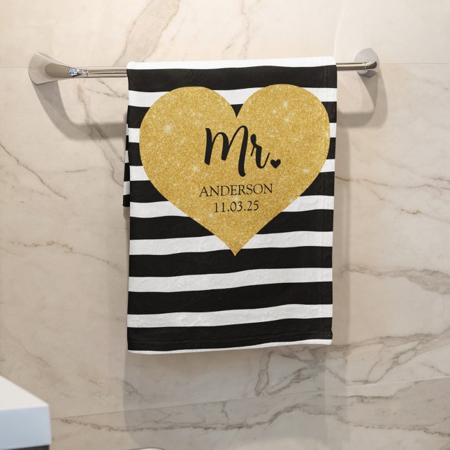 Elegant Golden Heart Black Stripes Just Married Bath Towel (Creator Uploaded)
