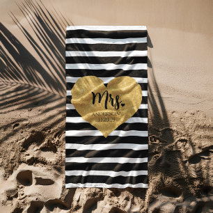 Elegant Golden Heart Black Stripes Just Married Beach Towel