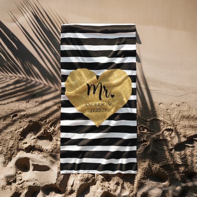Elegant Golden Heart Black Stripes Just Married Beach Towel (Creator Uploaded)