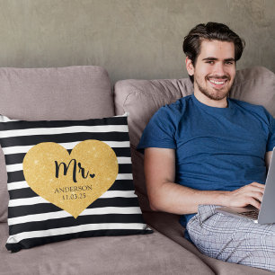 Elegant Golden Heart Black Stripes Just Married Cushion