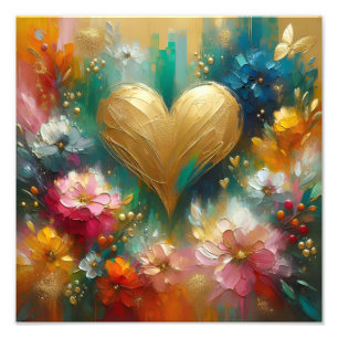 Elegant Golden Heart Floral Teal & Blush  Photo Print