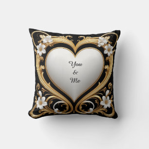 Elegant Golden Heart Frame With White Flowers Cushion