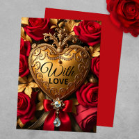 Elegant Golden Heart with Red Roses and Jewel