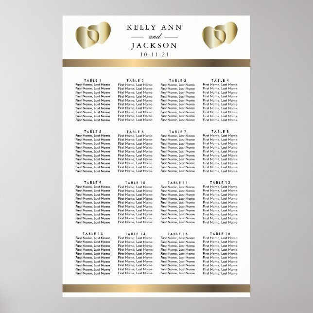 Elegant Golden Hearts Design -  16 Seating Chart (Front)