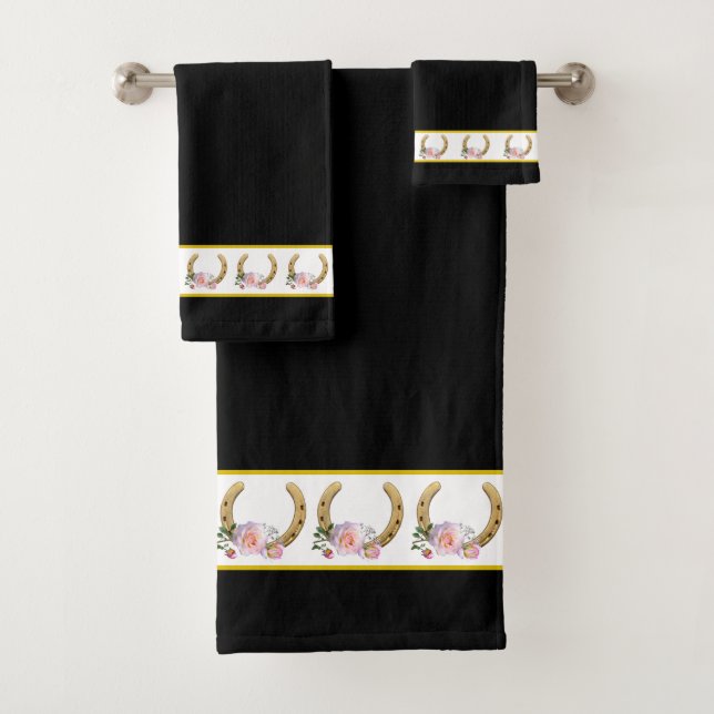 Elegant, Golden Horseshoes on Black and White Bath Towel Set (Insitu)