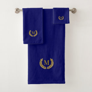 Elegant Golden Laurel & Monogram on Navy Blue Bath Towel Set