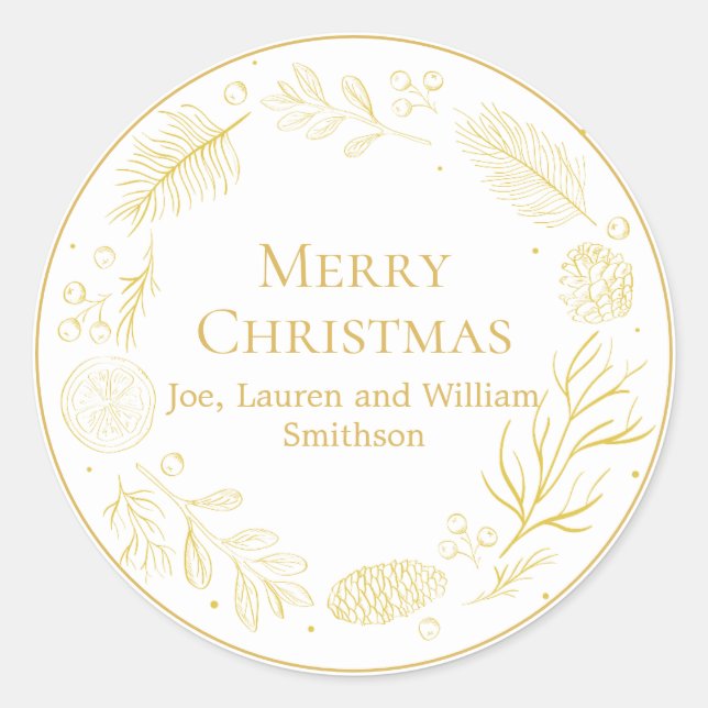 Elegant Golden Leaves & Berries Merry Christmas Classic Round Sticker (Front)