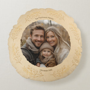 Elegant Golden Leaves Family Photo Christmas Beige Round Cushion