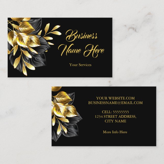Elegant Golden Leaves On Black Gold Business Card (Front/Back)