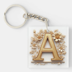 Elegant Golden Letter A with Delicate Flowers Key Ring