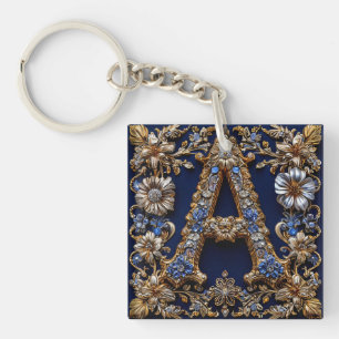 Elegant Golden Letter "A" With Ornate Floral Decor Key Ring