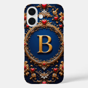 Elegant Golden Letter B Surrounded by Hearts iPhone 16 Case