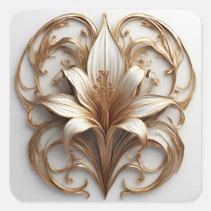 Elegant Golden Lily White Ornamental Design Square Sticker