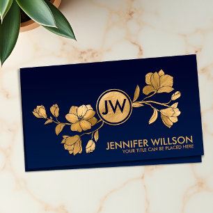 Elegant Golden Magnolia Blossom Monogram Business Card