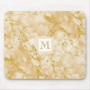 Elegant Golden Marble Monogram Faux Gold Glitter Mouse Pad