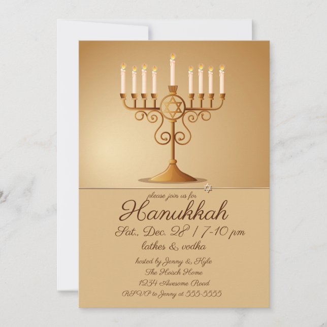 Elegant Golden Menorah Hanukkah Party Invitation (Front)