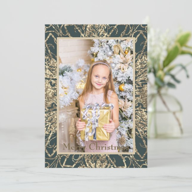Elegant Golden Merry Christmas Photo Real Holiday Card (Standing Front)