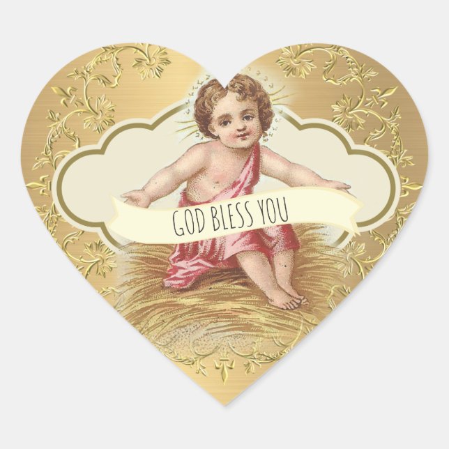 Elegant Golden Metallic Gold Baby Jesus Heart Sticker (Front)