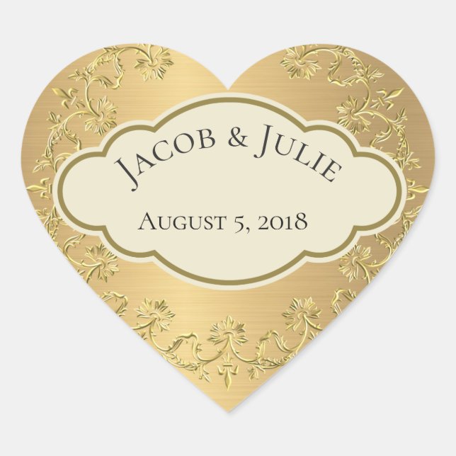 Elegant Golden Metallic Gold Leaf Heart Design Sticker (Front)