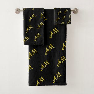 Elegant Golden Monogram on Black Bath Towel Set