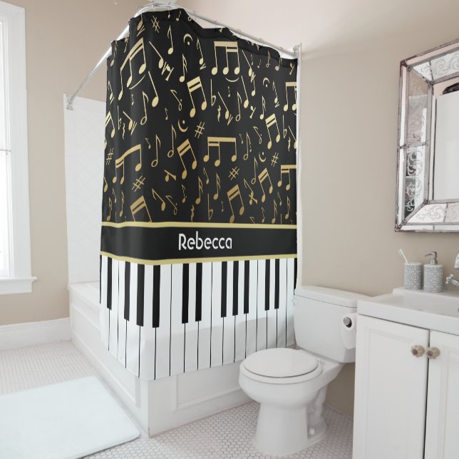 Elegant golden music notes piano keys shower curtain (In Situ)