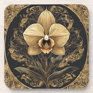 Elegant Golden Orchid Design Coaster