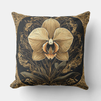 Elegant Golden Orchid Design Cushion