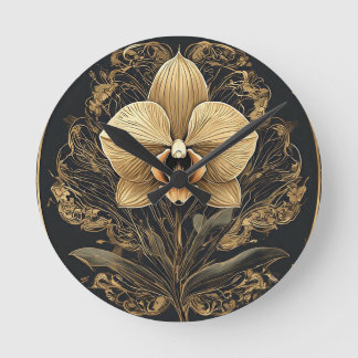 Elegant Golden Orchid Design Round Clock