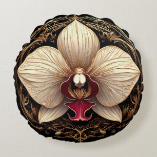 Elegant Golden Orchid Design Round Cushion